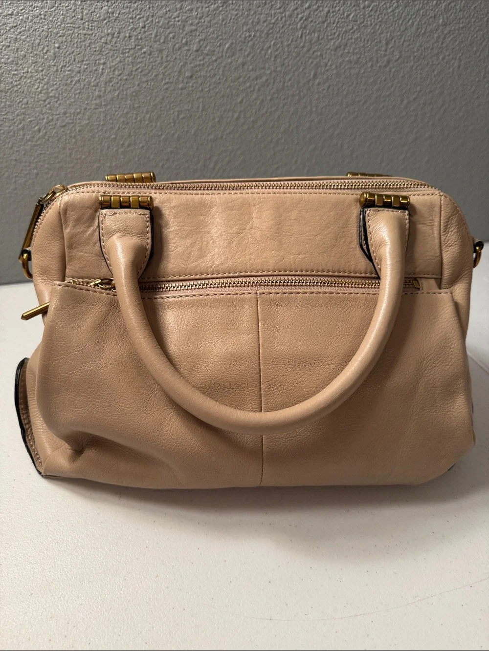 Elliott Lucca Nude Leather Satchel with Gold Accents